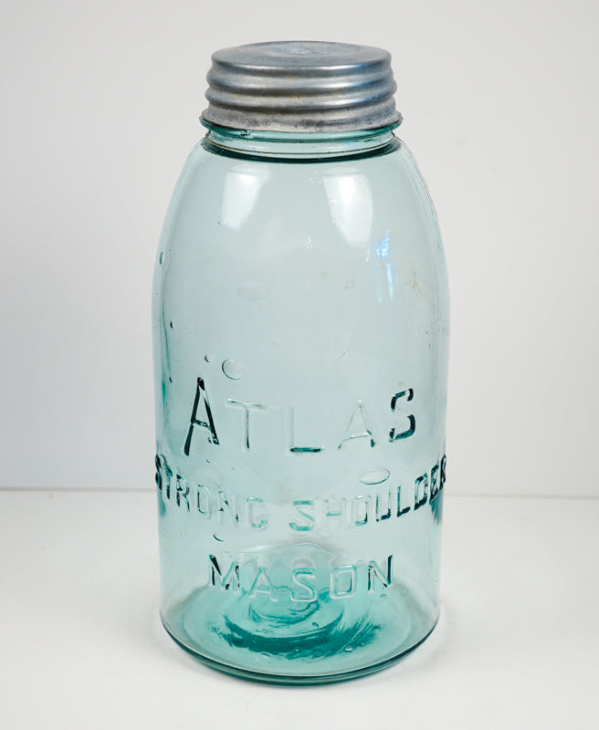 Vtg Atlas Strong Shoulder Blue Mason Canning Jar 64oz Half-Gallon Ball Zinc Lid