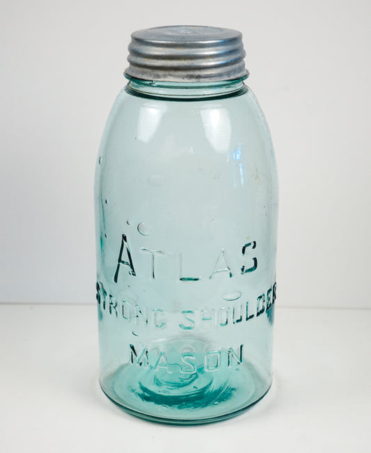 Vtg Atlas Strong Shoulder Blue Mason Canning Jar 64oz Half-Gallon Ball Zinc Lid