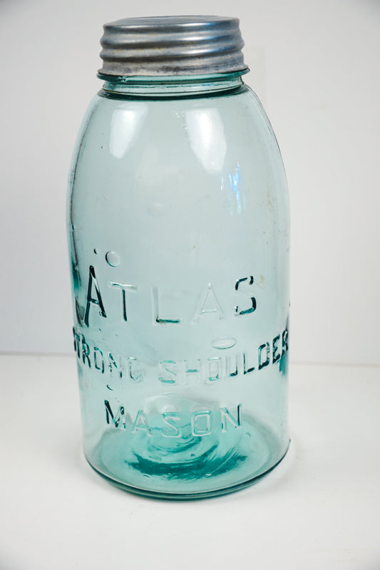 Vtg Atlas Strong Shoulder Blue Mason Canning Jar 64oz Half-Gallon Ball Zinc Lid