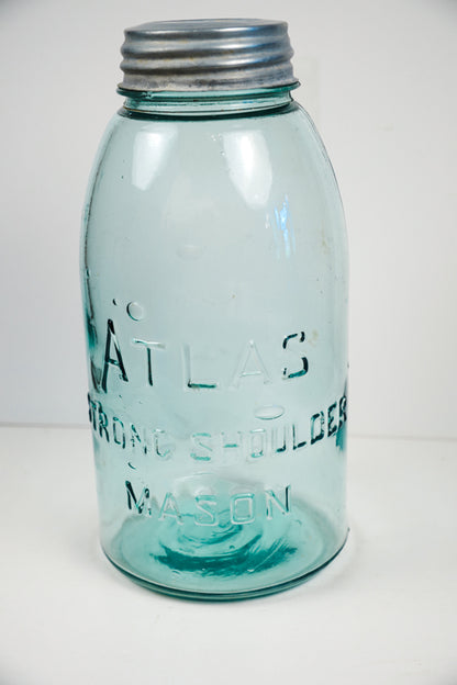 Vtg Atlas Strong Shoulder Blue Mason Canning Jar 64oz Half-Gallon Ball Zinc Lid