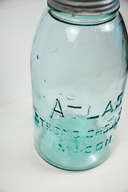Vtg Atlas Strong Shoulder Blue Mason Canning Jar 64oz Half-Gallon Ball Zinc Lid