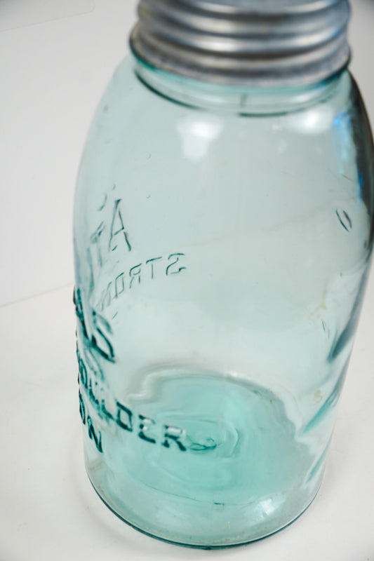 Vtg Atlas Strong Shoulder Blue Mason Canning Jar 64oz Half-Gallon Ball Zinc Lid