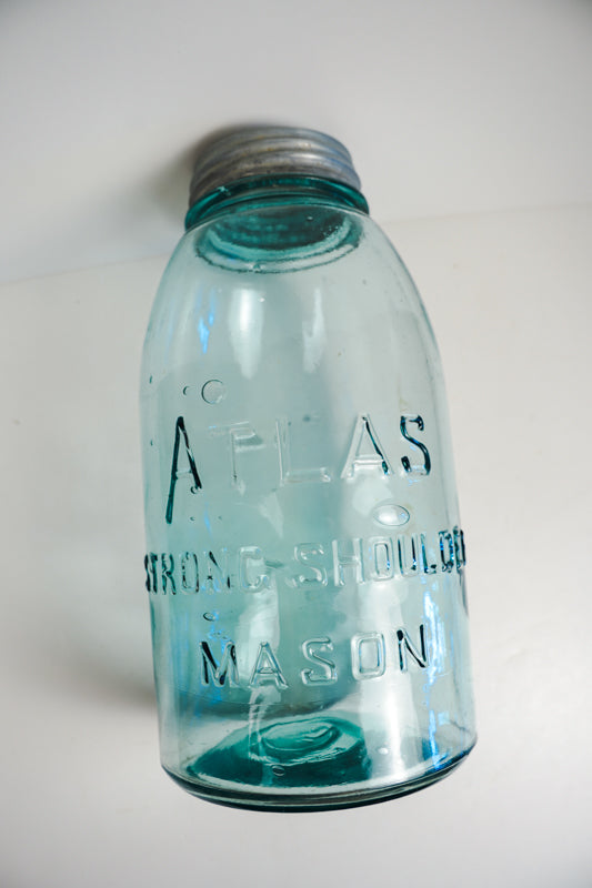 Vtg Atlas Strong Shoulder Blue Mason Canning Jar 64oz Half-Gallon Ball Zinc Lid