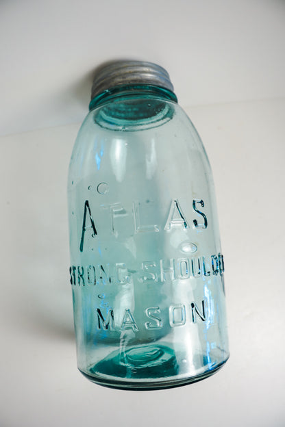 Vtg Atlas Strong Shoulder Blue Mason Canning Jar 64oz Half-Gallon Ball Zinc Lid
