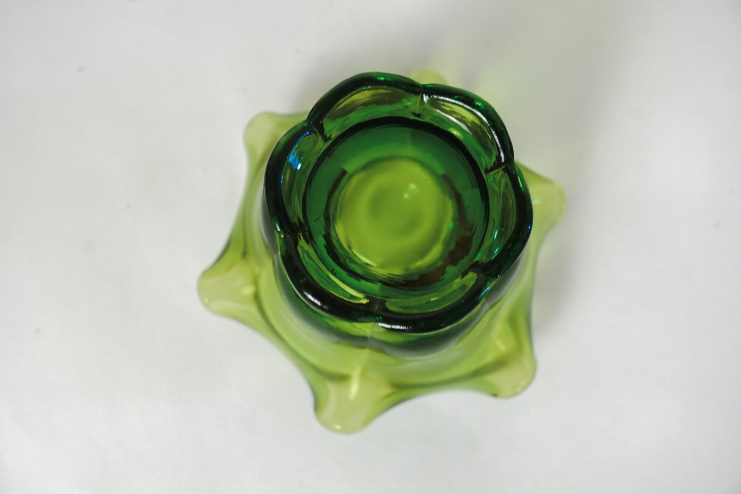 Vintage MCM Green Glass Pedestal Dish Bowl 4in With Ruffled Edges
