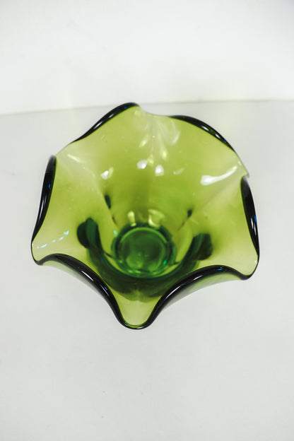 Vintage MCM Green Glass Pedestal Dish Bowl 4in With Ruffled Edges