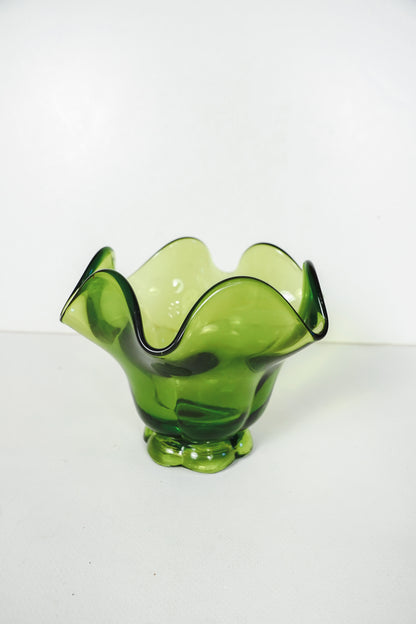Vintage MCM Green Glass Pedestal Dish Bowl 4in With Ruffled Edges