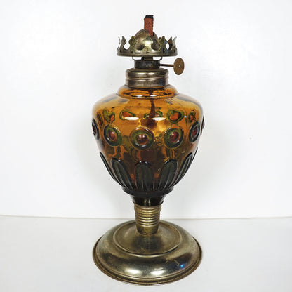 Vintage Amber Glass & Brass Oil Lamp Base Only Stained Glass Style Hong Kong