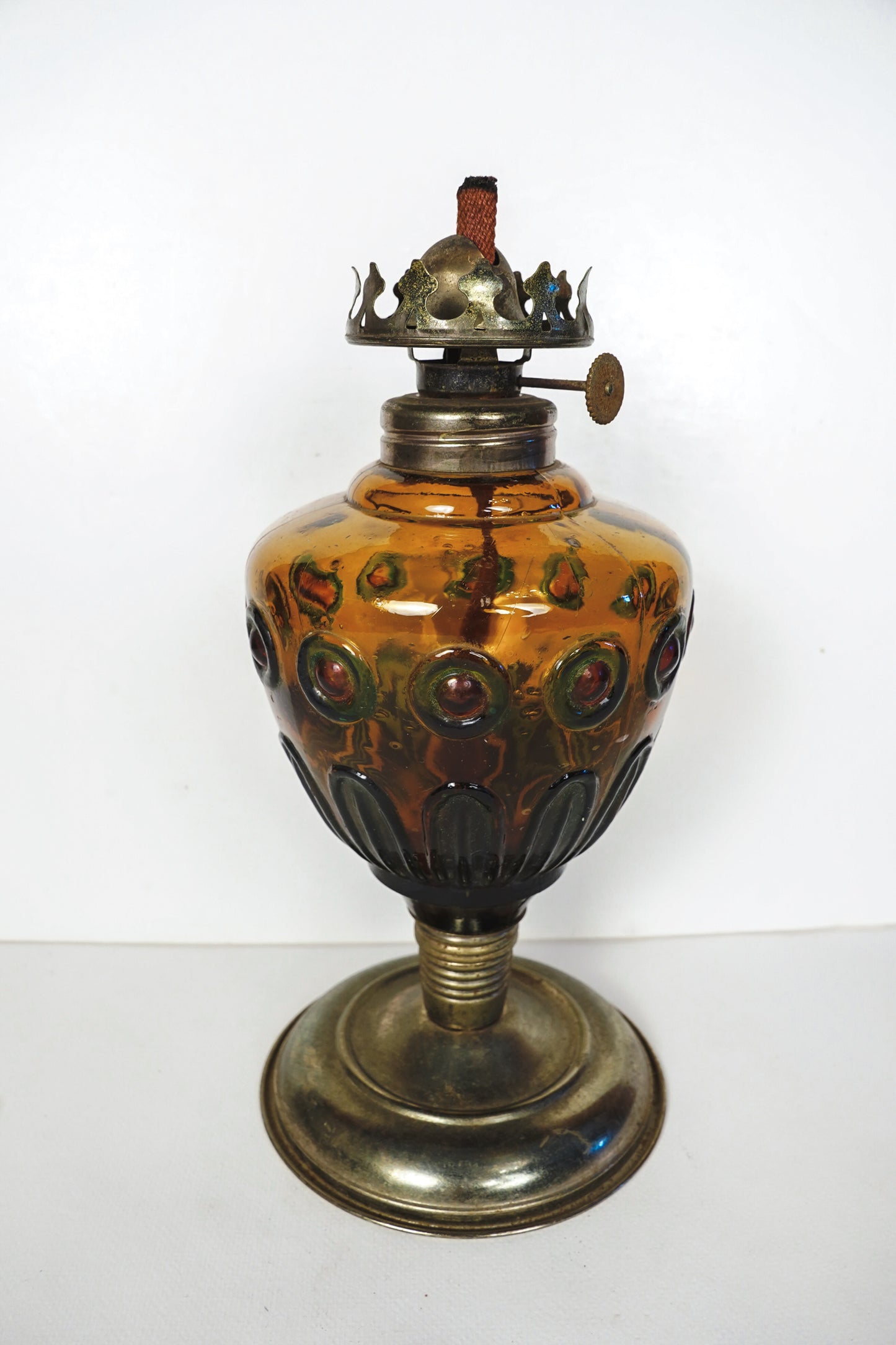 Vintage Amber Glass & Brass Oil Lamp Base Only Stained Glass Style Hong Kong