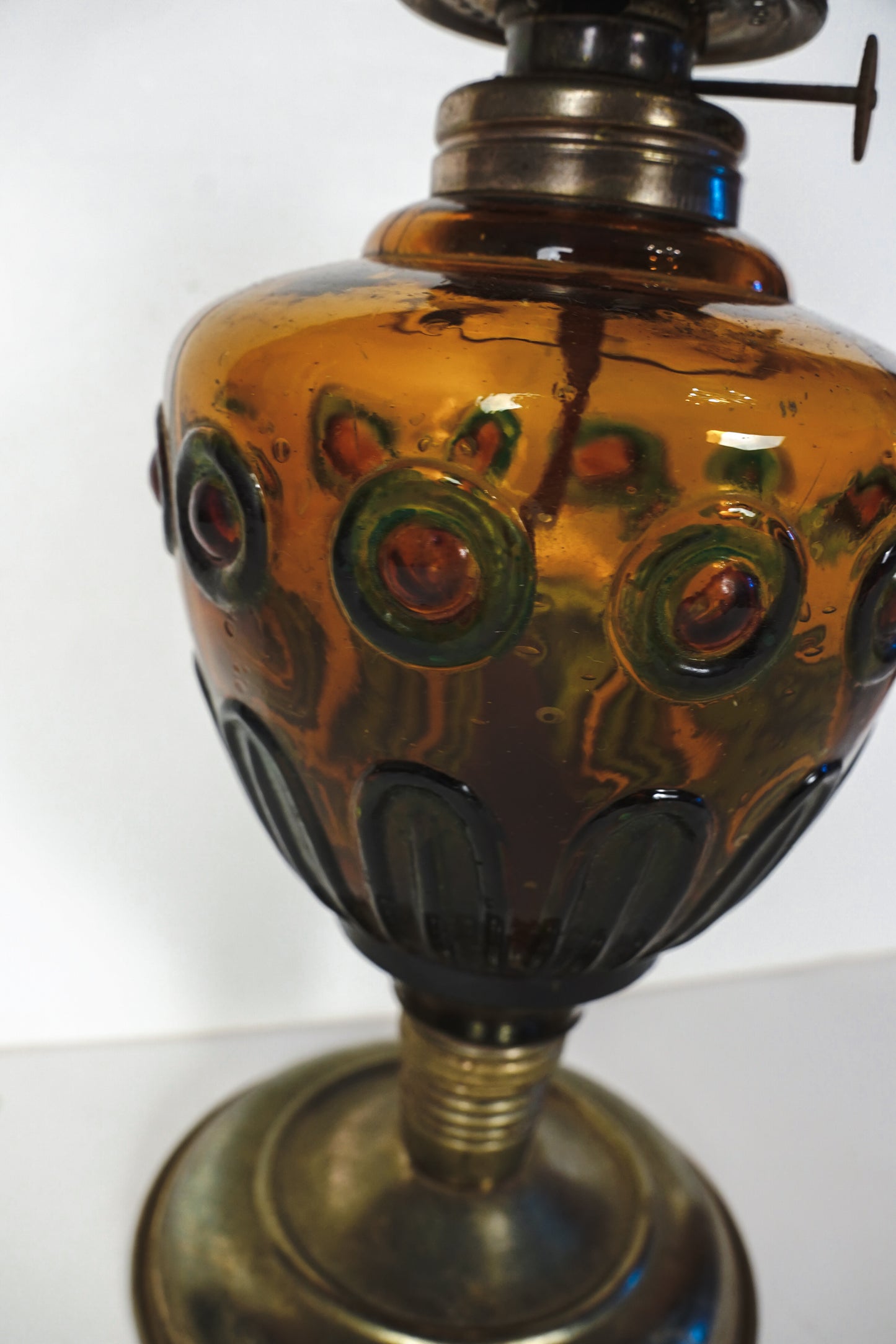 Vintage Amber Glass & Brass Oil Lamp Base Only Stained Glass Style Hong Kong