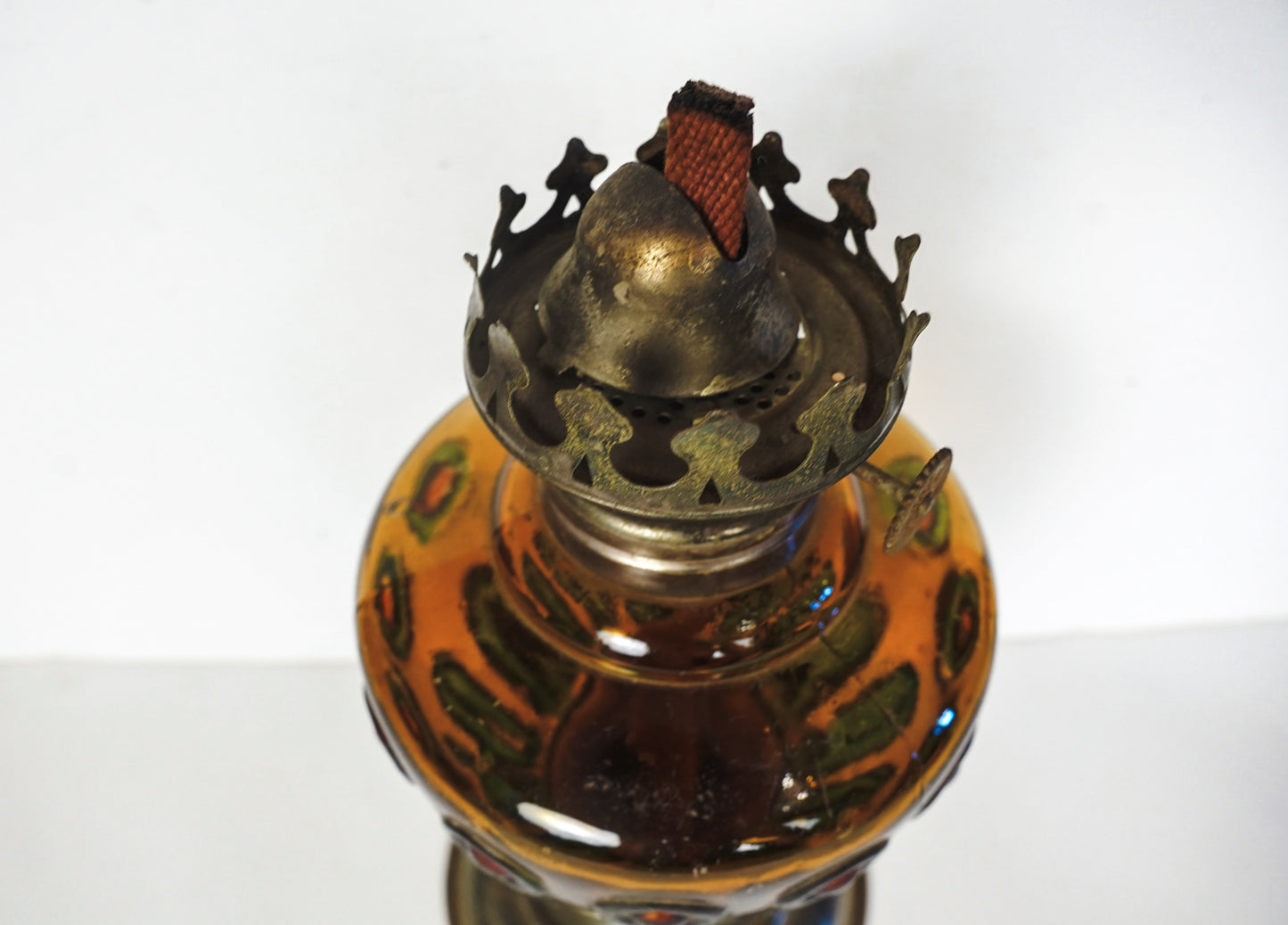Vintage Amber Glass & Brass Oil Lamp Base Only Stained Glass Style Hong Kong