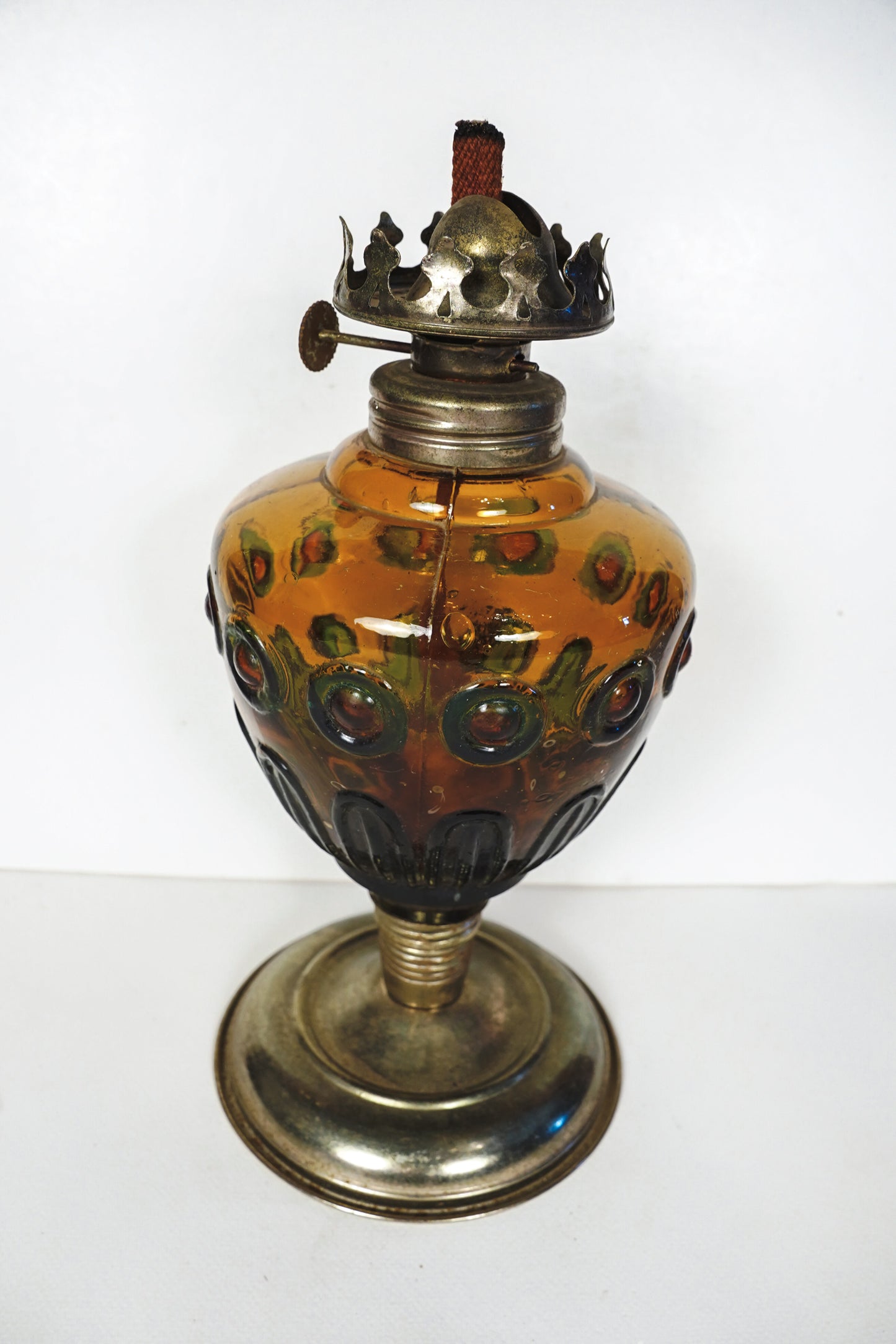 Vintage Amber Glass & Brass Oil Lamp Base Only Stained Glass Style Hong Kong