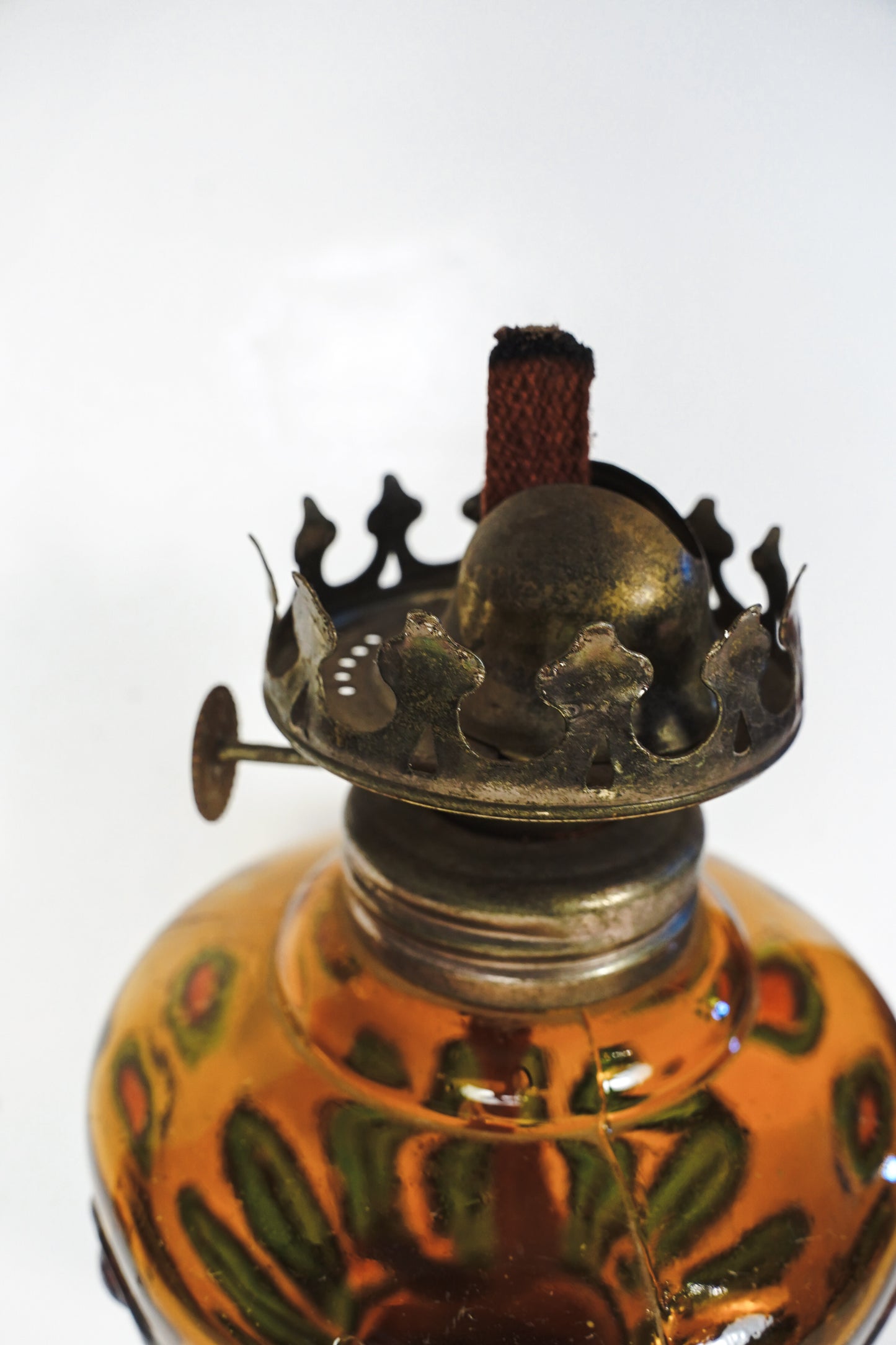 Vintage Amber Glass & Brass Oil Lamp Base Only Stained Glass Style Hong Kong