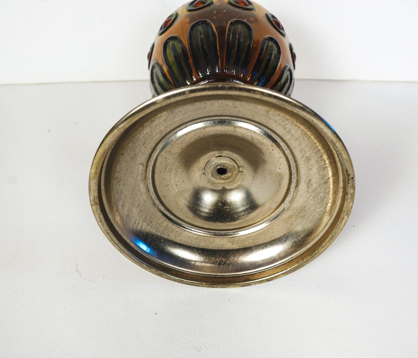 Vintage Amber Glass & Brass Oil Lamp Base Only Stained Glass Style Hong Kong