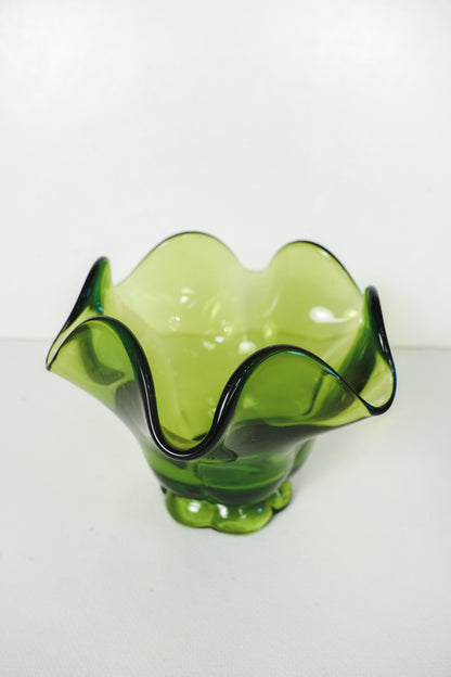 Vintage MCM Green Glass Pedestal Dish Bowl 4in With Ruffled Edges
