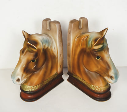 Vintage MCM 1950's Horse Head Bookend Pair Set of 2 Japan Horseshoe 6.5x2.5”