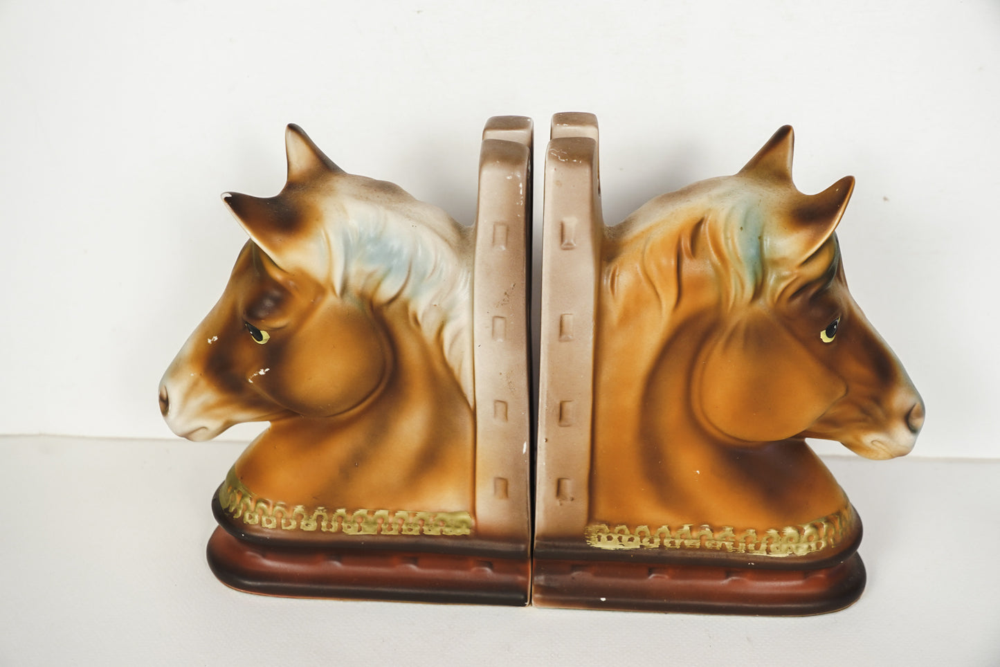 Vintage MCM 1950's Horse Head Bookend Pair Set of 2 Japan Horseshoe 6.5x2.5”
