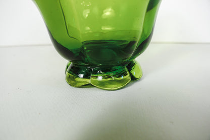 Vintage MCM Green Glass Pedestal Dish Bowl 4in With Ruffled Edges