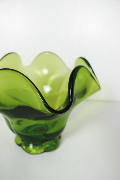 Vintage MCM Green Glass Pedestal Dish Bowl 4in With Ruffled Edges