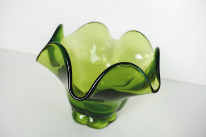 Vintage MCM Green Glass Pedestal Dish Bowl 4in With Ruffled Edges