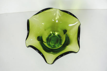 Vintage MCM Green Glass Pedestal Dish Bowl 4in With Ruffled Edges