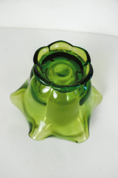 Vintage MCM Green Glass Pedestal Dish Bowl 4in With Ruffled Edges