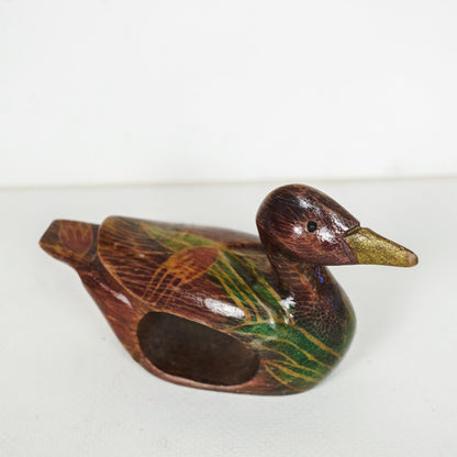 Vintage Hand Painted Carved Wooden Duck Decoy Napkin Ring Holder