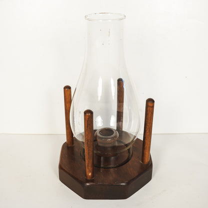 Vintage Glass Hurricane Lamp Wood Taper Candle Holder Wood Octagon Base
