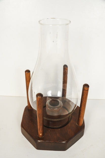 Vintage Glass Hurricane Lamp Wood Taper Candle Holder Wood Octagon Base