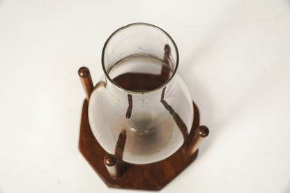 Vintage Glass Hurricane Lamp Wood Taper Candle Holder Wood Octagon Base