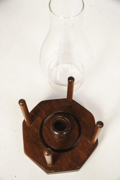 Vintage Glass Hurricane Lamp Wood Taper Candle Holder Wood Octagon Base