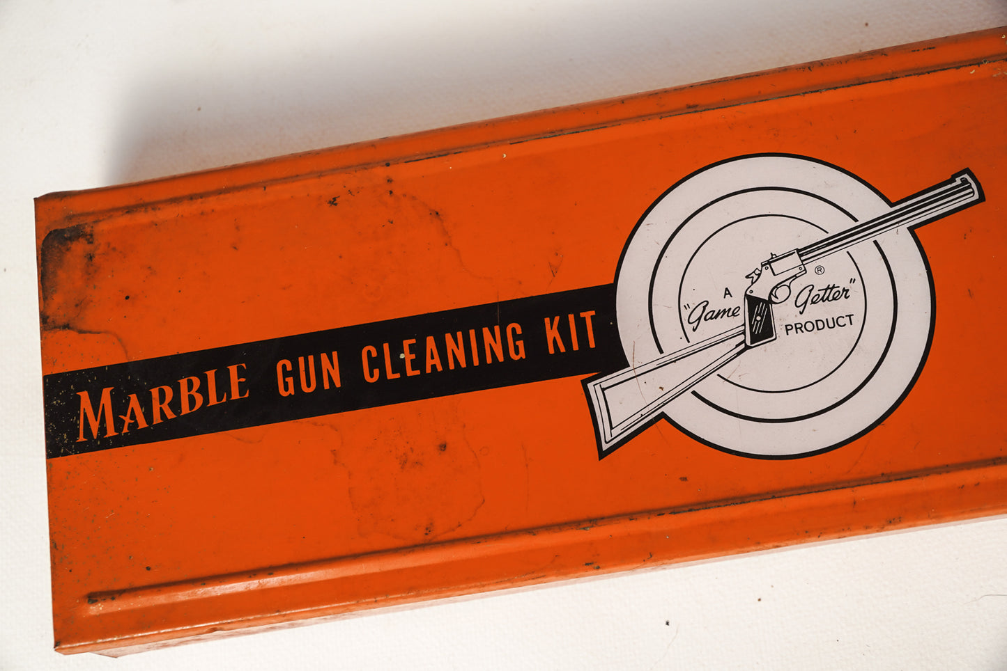 Vintage Marbles Gun Cleaning Kit Orange Tin with Almost All Original Parts EUC