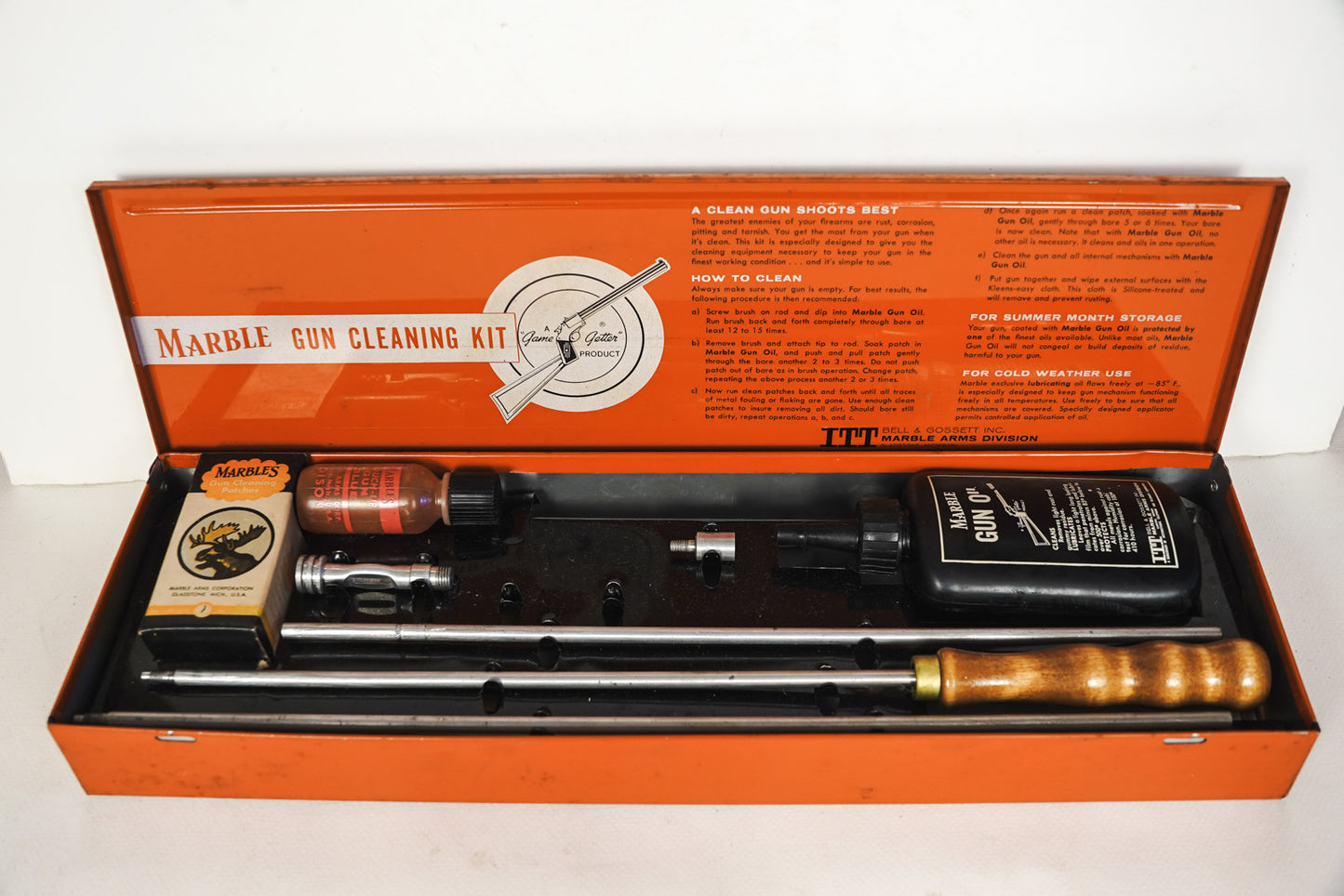 Vintage Marbles Gun Cleaning Kit Orange Tin with Almost All Original Parts EUC