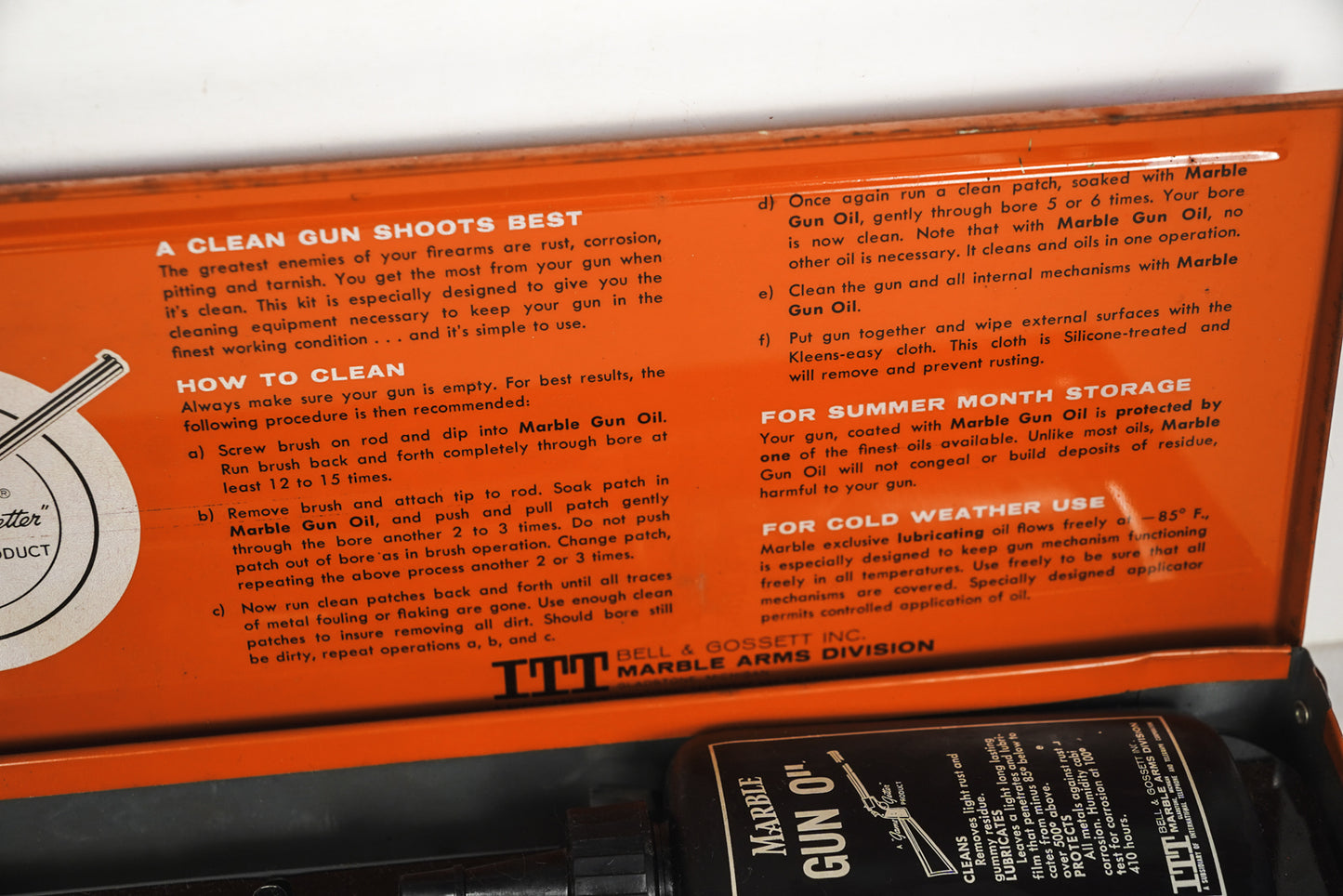 Vintage Marbles Gun Cleaning Kit Orange Tin with Almost All Original Parts EUC