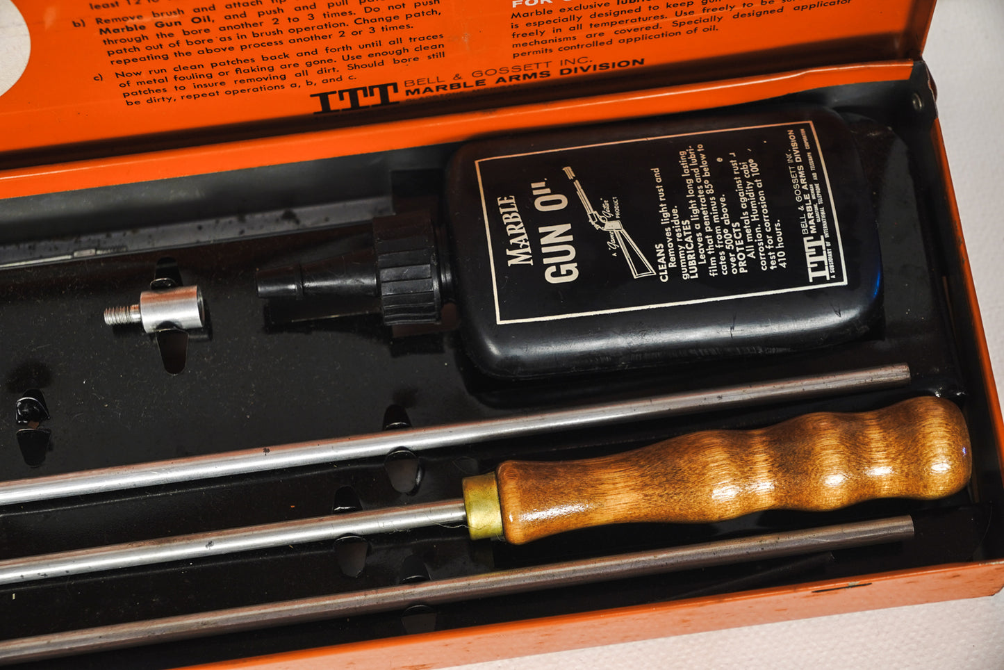 Vintage Marbles Gun Cleaning Kit Orange Tin with Almost All Original Parts EUC