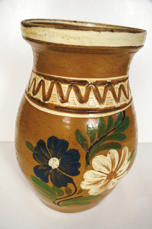 Vintage Hungarian Korond Plum Jam Jar Vase Hand Painted Stoneware Pitcher Folk Art