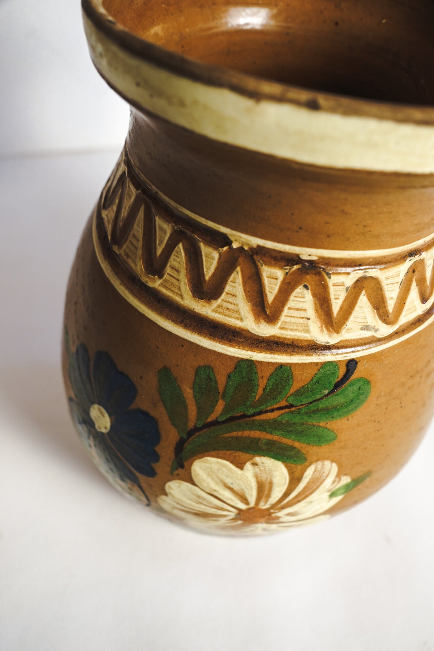 Vintage Hungarian Korond Plum Jam Jar Vase Hand Painted Stoneware Pitcher Folk Art