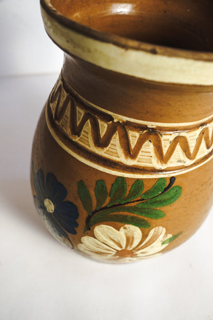 Vintage Hungarian Korond Plum Jam Jar Vase Hand Painted Stoneware Pitcher Folk Art