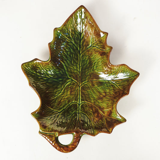 Vintage 60s Hand Painted Pottery Leaf Bowl Dish Autumn Decor Handmade