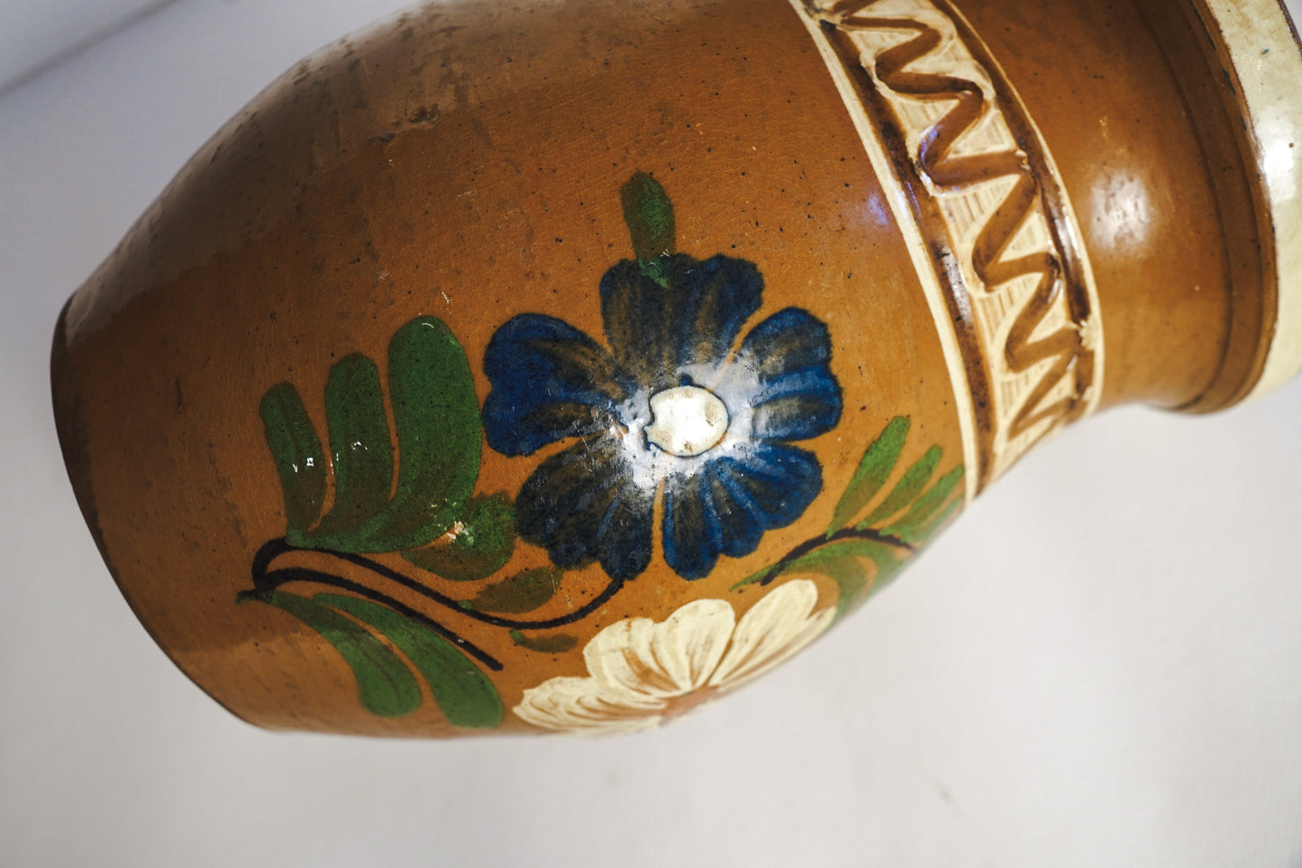 Vintage Hungarian Korond Plum Jam Jar Vase Hand Painted Stoneware Pitcher Folk Art