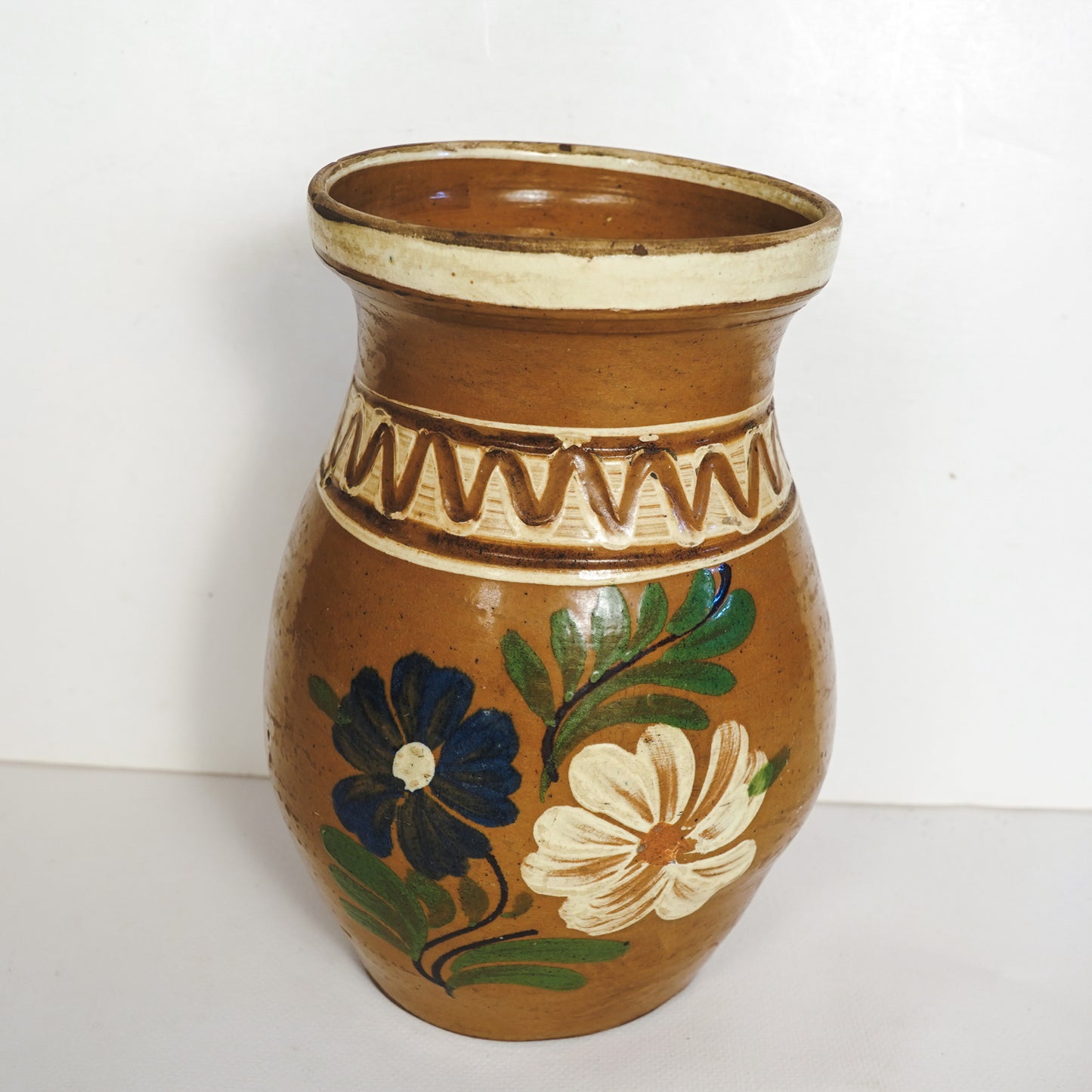 Vintage Hungarian Korond Plum Jam Jar Vase Hand Painted Stoneware Pitcher Folk Art