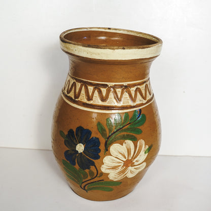 Vintage Hungarian Korond Plum Jam Jar Vase Hand Painted Stoneware Pitcher Folk Art