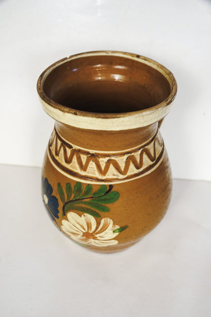 Vintage Hungarian Korond Plum Jam Jar Vase Hand Painted Stoneware Pitcher Folk Art
