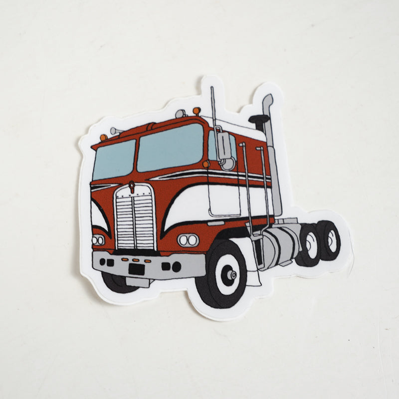 Red Semi Truck Cabover Die Cut Sticker Hand Drawn Design