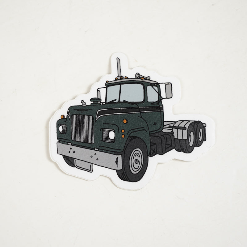 Green Semi Truck Mack Style Die Cut Sticker Hand Drawn Design