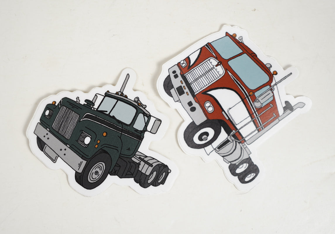 Green Semi Truck Mack Style Die Cut Sticker Hand Drawn Design