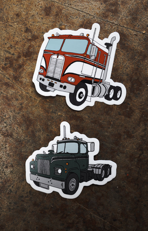 Red Semi Truck Cabover Die Cut Sticker Hand Drawn Design