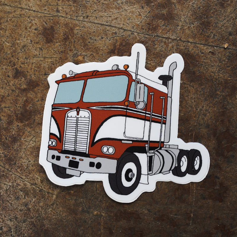 Red Semi Truck Cabover Die Cut Sticker Hand Drawn Design