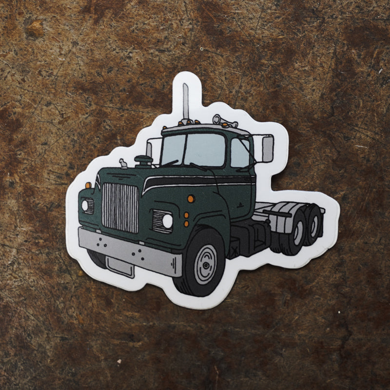 Green Semi Truck Mack Style Die Cut Sticker Hand Drawn Design