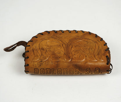 Leather Hand Tooled Badlands, SD Souvenir Coin Purse Zippered